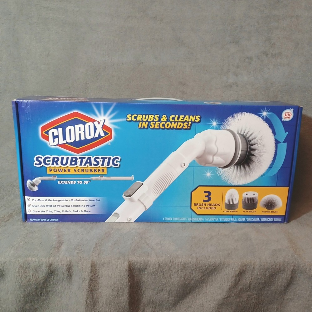 Clorox Scrubtastic Power Scrubber 3 Brush Heads Rechargeable Extends to 39"